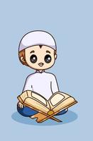 kleine moslimjongen die een illustratie van de koran ramadan kareem cartoon leest vector