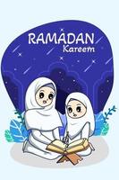 moslimmeisjes die koran lezen bij ramadan kareem cartoon afbeelding vector