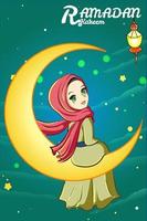 moslimmeisje met lantaarn en maan ramadan kareem cartoon afbeelding vector