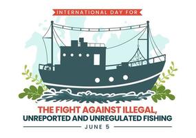 Internationale dag voor de strijd tegen onwettig, niet gemeld en ongereguleerde visvangst vector illustratie met hengel vis in vlak hand- getrokken Sjablonen