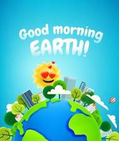 mooie aarde en de verliefde zon. goedemorgen concept. cartoon stijl 3d illustratie. plasticine effect vector