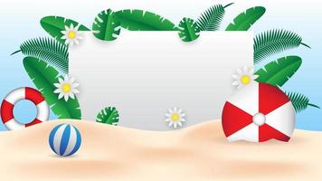 zomer banier achtergrond met bladeren, bloem, paraplu, strand bal, zonnebril en wit bord voor de tekst vector