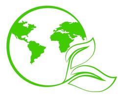 planeet aarde met kaart en groen bladeren, logo of embleem, symbool. aarde dag concept, vergroening de planeet, zorgzaam voor de omgeving. ecologisch schoon planeet vector