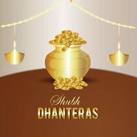 shubh dhanteras uitnodiging wenskaart met vector gouden muntenpot en lotusbloem