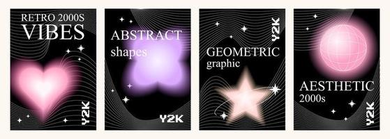 verzameling van vier retro y2k vector posters met abstract wazig vormen, sterren en lijnen.