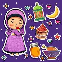 sticker stijl schattig moslim meisje karakter aan het eten appel met festivals element decoratief Purper achtergrond voor Ramadan of eid concept. vector