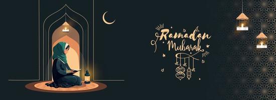 Ramadan mubarak banier ontwerp met moslim vrouw lezing koran boek in nacht Aan verlichte lantaarns versierd achtergrond. vector