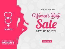 Internationale vrouwen dag uitverkoop poster ontwerp met korting aanbod en papier besnoeiing silhouet vrouw Aan roze en wit vervagen achtergrond. vector