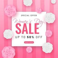 vrouwen dag uitverkoop poster ontwerp met korting aanbod en papier besnoeiing bloemen versierd Aan roze strip achtergrond. vector