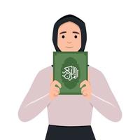 gelukkig vrouw Holding koran boek met liefde. vlak vector illustratie. meisje Holding strak in haar armen heilig boek van moslims. Islam, geloof, vertrouwen, traditie