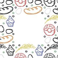 naadloos voedsel patroon met plaats voor tekst. gekleurde tekening vector met voedsel pictogrammen. wijnoogst voedsel pictogrammen