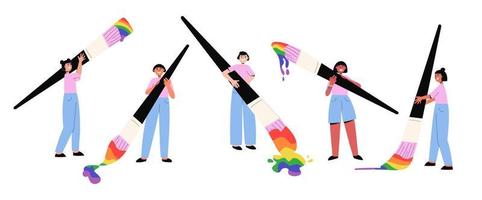 mensen met groot verf kwasten tekening regenboog vector illustratie