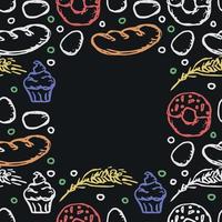 naadloos voedsel patroon met plaats voor tekst. gekleurde tekening vector met voedsel pictogrammen. wijnoogst voedsel pictogrammen