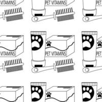 patroon met shampoo fles, kam, vitamines voor dieren, katten, honden, huisdier zorg. vector