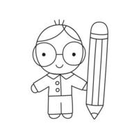 vlak vector tekenfilm leerling jongen karakter vervelend bril Holding groot potlood. terug naar school-