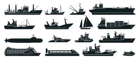 schepen silhouet. lading schip met Verzending containers, toerist reis schip, reclame visvangst schip, jacht. water vervoer vector reeks