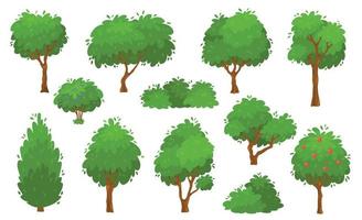 tekenfilm groen bomen, struiken en heggen, Woud of tuin boom. zomer gebladerte planten, achtertuin struik en struik, tuin park planten vector reeks