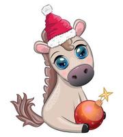 schattig paard, pony in santa's hoed met snoep kane, Kerstmis bal, geschenk, ijs het schaatsen. winter, Kerstmis vector