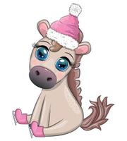 schattig paard, pony in santa's hoed met snoep kane, Kerstmis bal, geschenk, ijs het schaatsen. winter, Kerstmis vector