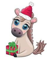 schattig paard, pony in santa's hoed met snoep kane, Kerstmis bal, geschenk, ijs het schaatsen. winter, Kerstmis vector