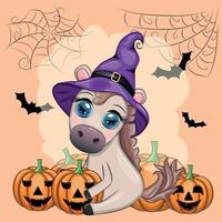 schattig paard, pony in een Purper heks hoed, met een bezem, pompoen, toverdrank. halloween kaart voor de vakantie vector