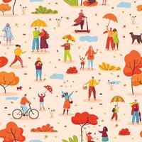 mensen met paraplu's wandelen in herfst park naadloos patroon. tekens in warm kleren. vallen seizoen buitenshuis werkzaamheid vector illustratie