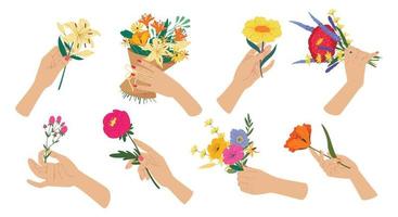 vrouw hand- Holding bloem boeket, voorjaar bloemen in handen. mooi bloeiend boeketten, moeders dag geschenken, romantisch presenteert vector reeks