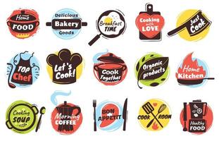 Koken belettering logo, keuken gereedschap etiketten met citaten. culinaire krabbels, koken badges voor straat voedsel festival poster of menu vector reeks