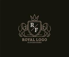 eerste rf brief leeuw Koninklijk luxe logo sjabloon in vector kunst voor restaurant, royalty, boetiek, cafe, hotel, heraldisch, sieraden, mode en andere vector illustratie.