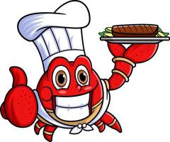 de mascotte karakter van een schattig krab werken net zo een professioneel chef draag- voedsel vector