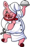 een mollig tekenfilm varken werken net zo een professioneel chef, gevoel gelukkig en dansen terwijl draag- een ijzer bord vector