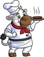 een schattig tekenfilm koe lachend, vervelend een chef-kok kleding vector