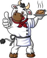 een tekenfilm koe lachend, vervelend een chef-kok kleding, en poseren met een duimen omhoog vector