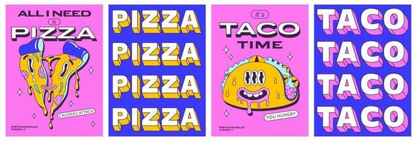 modieus psychedelisch posters reeks met grappig snel voedsel karakters. trippy pizza plak en gek modern taco. voorkant en terug kant poster ontwerp. vector illustratie.