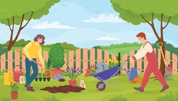 tuinders nemen zorg van tuin, Mens en vrouw met tuinieren hulpmiddelen. tuinman graven grond, aanplant bloemen in tuin vector illustratie