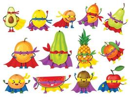 grappig fruit held karakters. vers oranje, appel, avocado, citroen met schattig gezichten in maskers. tekenfilm fruit in superheld outfits vector reeks