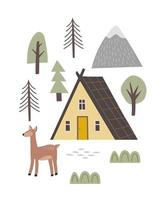 Woud huis reservering en huur. modern appartementen voor rust uit Aan natuur, berg lodge Bij nationaal park Oppervlakte, camping. hand- getrokken tekening Scandinavisch stijl. vector hotel poster