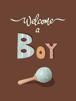 Welkom een jongen uitnodiging verjaardag kaart met houten speelgoed, illustratie in pastel kleuren met donker achtergrond. vector illustratie.