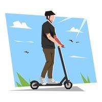 mensen rijden elektrisch scooter. concept van vervoer, voertuig, milieuvriendelijk. zonnig ochtend- achtergrond, gras, wolken. vlak tekenfilm vector illustratie.