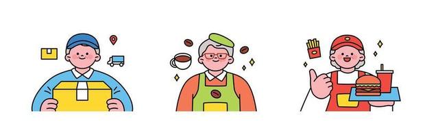 arbeid dag. mensen wie zijn werken. senior functie, koerier, cafe barista, deeltijd baan Bij snel voedsel restaurant. vector