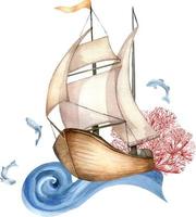 samenstelling van het zeilen schip wijnoogst stijl waterverf illustratie geïsoleerd Aan wit. zeilboot, vaartuig Aan golven, koraal, vis hand- getrokken. kinderachtig ontwerp, element voor jongen, jongens kamer, gedrukt producten vector