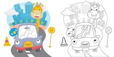 vector tekenfilm van giraffe en vogel Aan grappig auto in stad weg, kleur boek of bladzijde