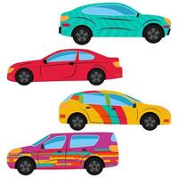 een reeks van vier auto's geschilderd in verschillend kleuren. vector illustratie