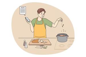 glimlachen Mens Koken met recept Aan mobiele telefoon vector