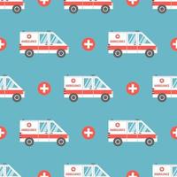 medische ambulance in platte cartoon-stijl. vector naadloze patroon