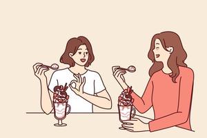 Dames hebben lunch zittend in restaurant aan het eten milkshake en bespreken persoonlijk leeft of plannen voor weekend. vriendinnetjes eten ijs room of milkshake in cafe willen naar koel uit in heet zomer weer vector