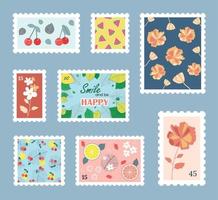 verzameling van hand getekend post postzegels met bloemen en vruchten. modern zomer vector ontwerp. reeks van mail en post kantoor geïsoleerd tekening.