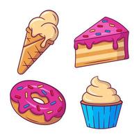 verzameling van zoet smakelijk desserts en bakkerij producten. reeks omvatten donut, stuk van taart, ijs room en koekje. vector illustratie in vlak tekenfilm stijl.