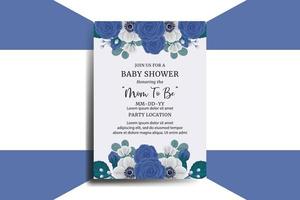 baby douche groet kaart blauw roos bloem ontwerp sjabloon vector