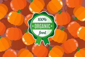 vector poster of banner met illustratie van oranje pompoen achtergrond en ronde groene natuurvoeding label